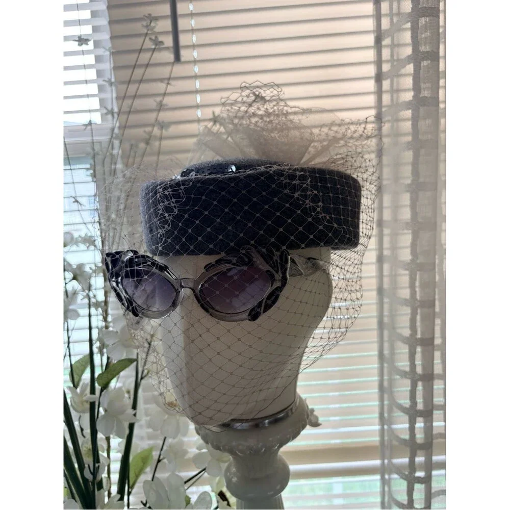 VTG Gray Wool Pillbox Mesh Veil Fascinator Hat